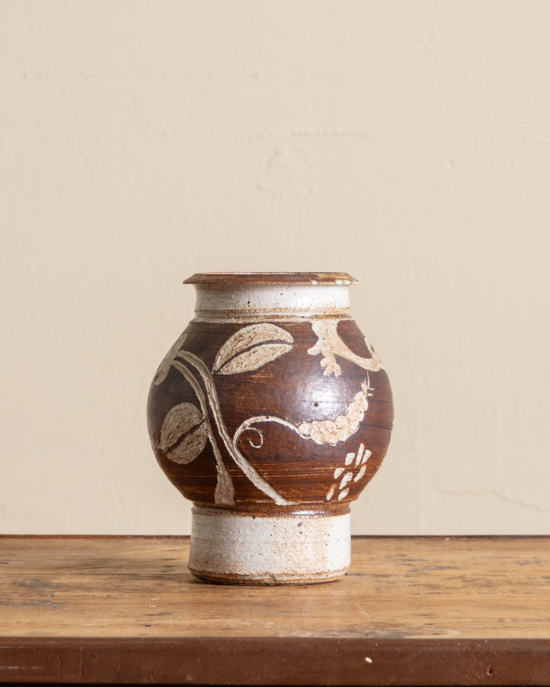 Brown/Cream Floral Etched Studio Vase, Signed