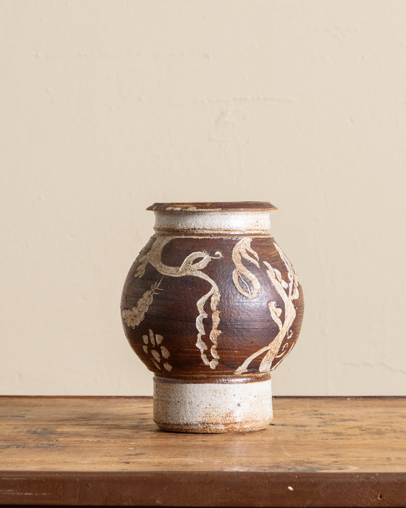 Brown/Cream Floral Etched Studio Vase, Signed