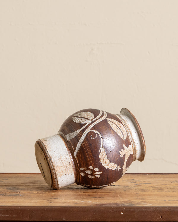 Brown/Cream Floral Etched Studio Vase, Signed
