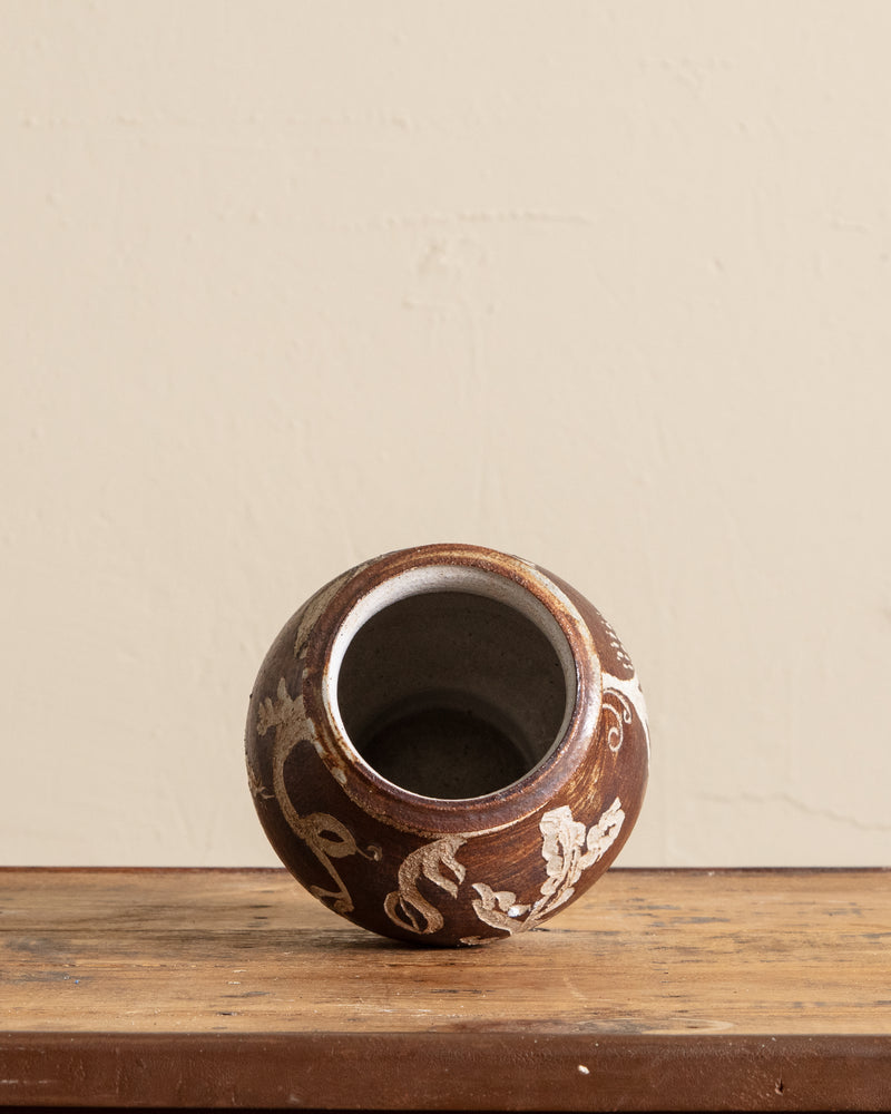 Brown/Cream Floral Etched Studio Vase, Signed