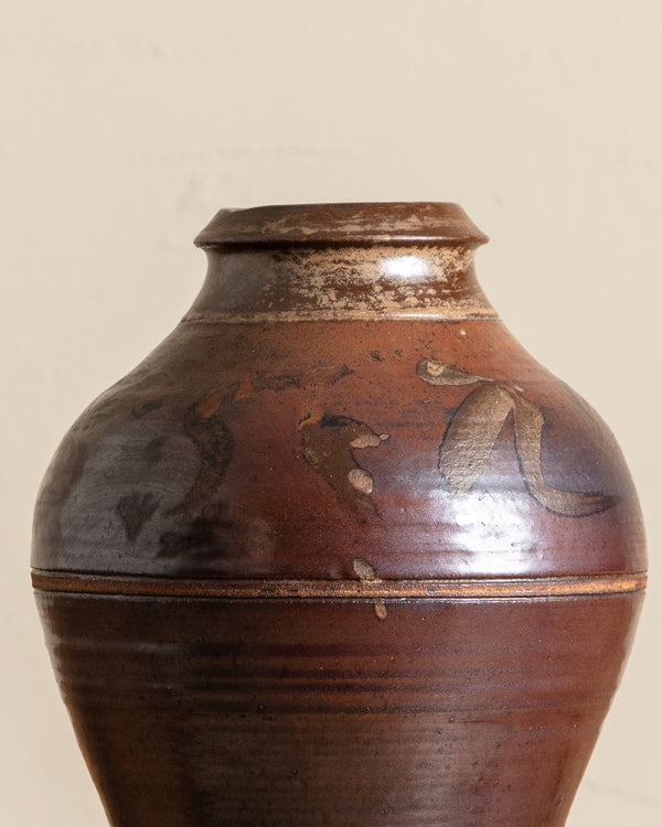 Tall Burgundy Studio Pottery Jug Vase, Signed