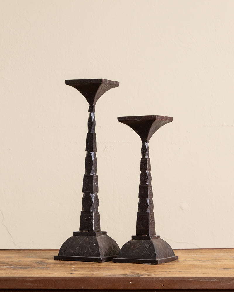 Solid Bronze Eastlake Pillar Candle Holders, Pair