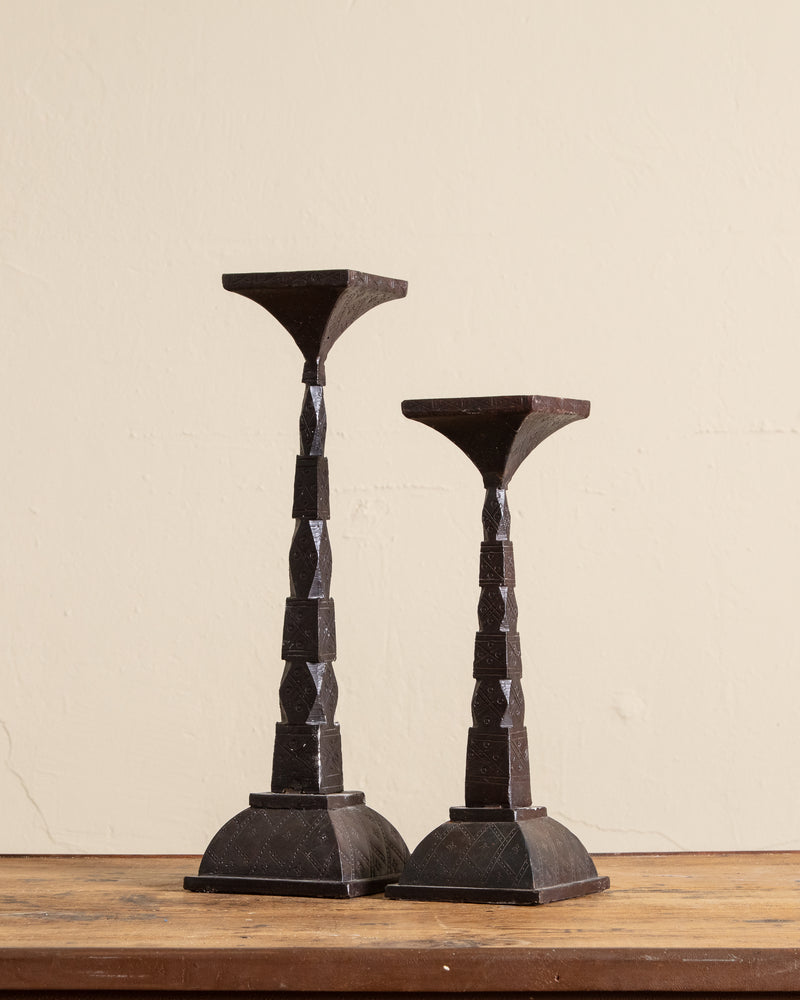 Solid Bronze Eastlake Pillar Candle Holders, Pair