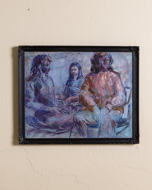 Mid Century Group of Girls Oil Painting in Black Carved Frame