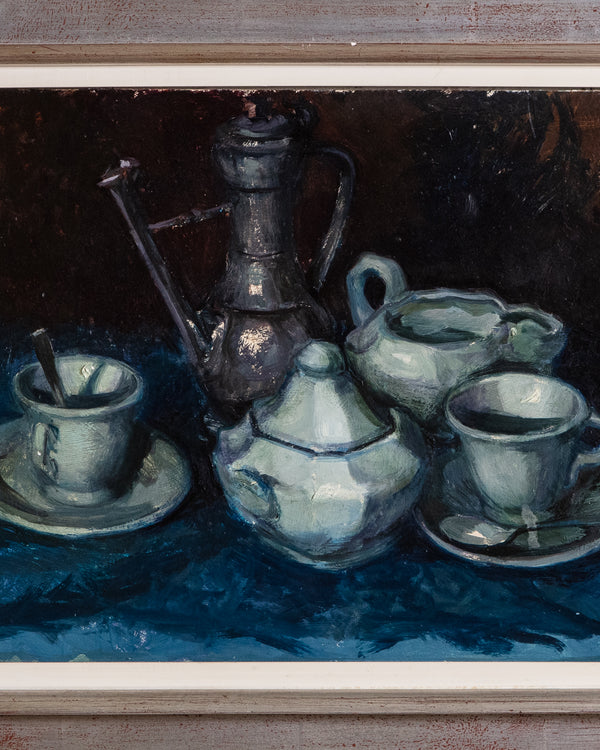 Tea Set Still Life Oil Painting by Ricardo Cifre, Spain, 1970's