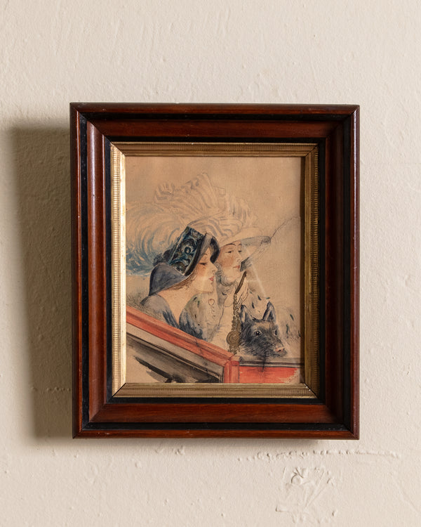 Victorian Ladies & Dog Watercolor Painting in Wood Frame, 19th Century