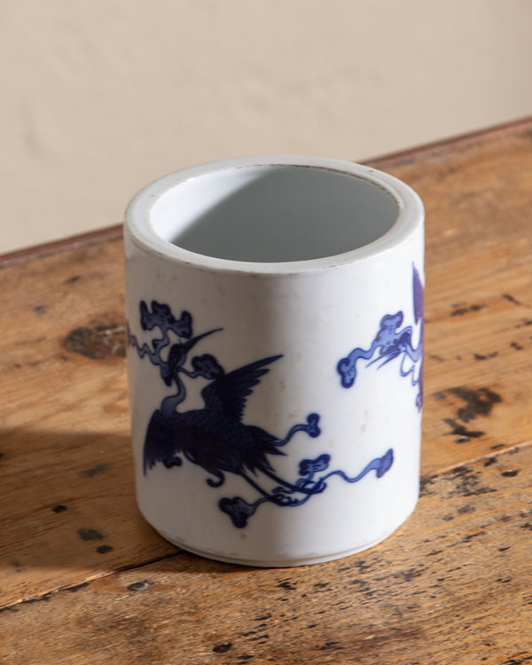 Small Blue and White Porcelain Flying Crane Cachepot