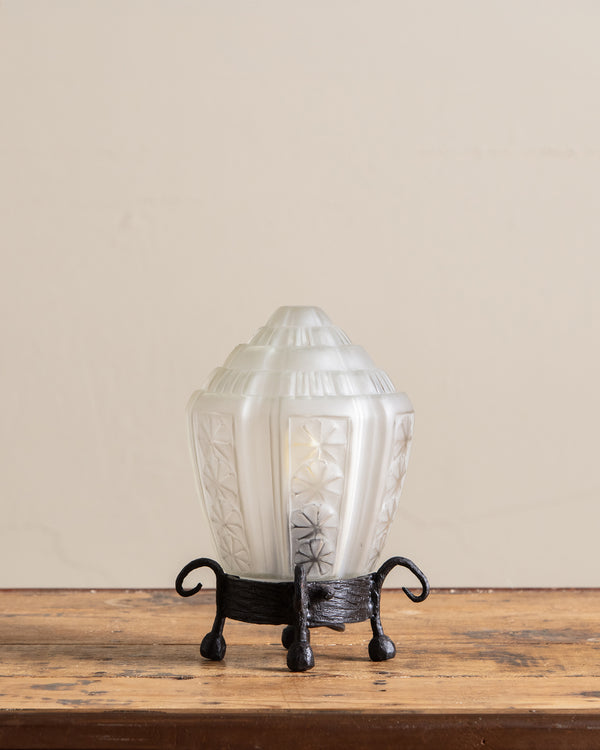 Art Deco Wrought Iron & Glass Table Lamp, Signed, France, 1930's