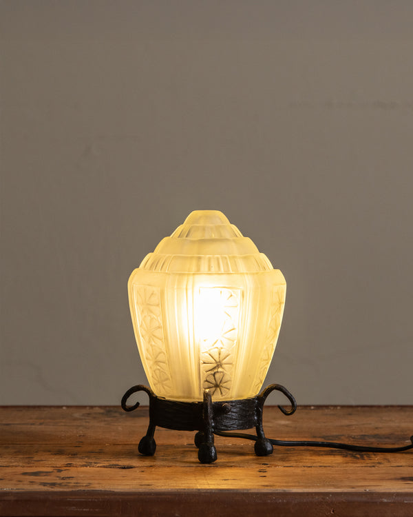 Art Deco Wrought Iron & Glass Table Lamp, Signed, France, 1930's