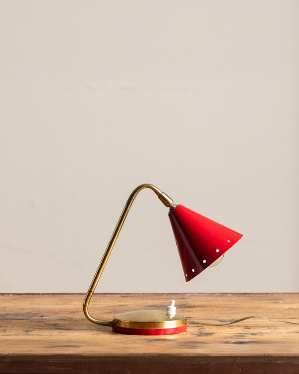 Mid Century Red Lacquer & Brass Desk Lamp, Italy, 1950's