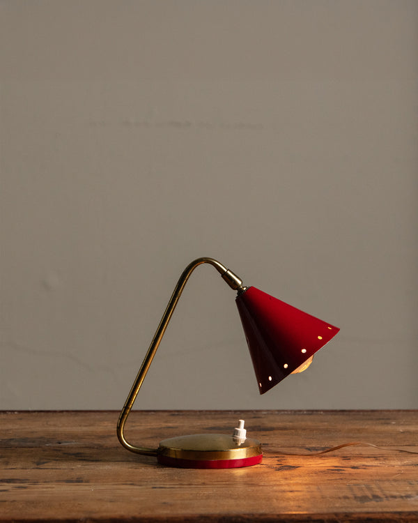 Mid Century Red Lacquer & Brass Desk Lamp, Italy, 1950's