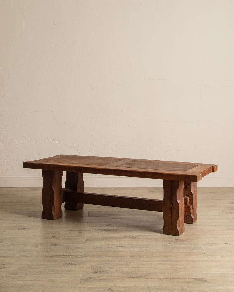 Brutalist Notched Oak Coffee Table w/ Stretcher, Belgium, 1960's