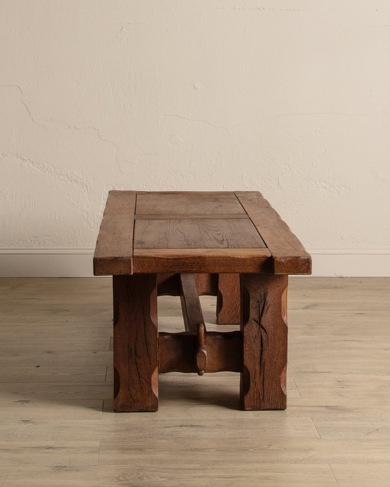 Brutalist Notched Oak Coffee Table w/ Stretcher, Belgium, 1960's