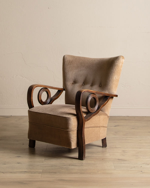 Art Deco Carved Wood & Mohair Lounge Chair, Denmark, 1940's
