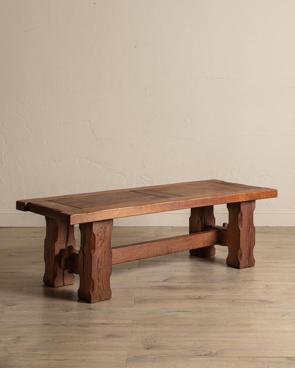 Brutalist Notched Oak Coffee Table w/ Stretcher, Belgium, 1960's