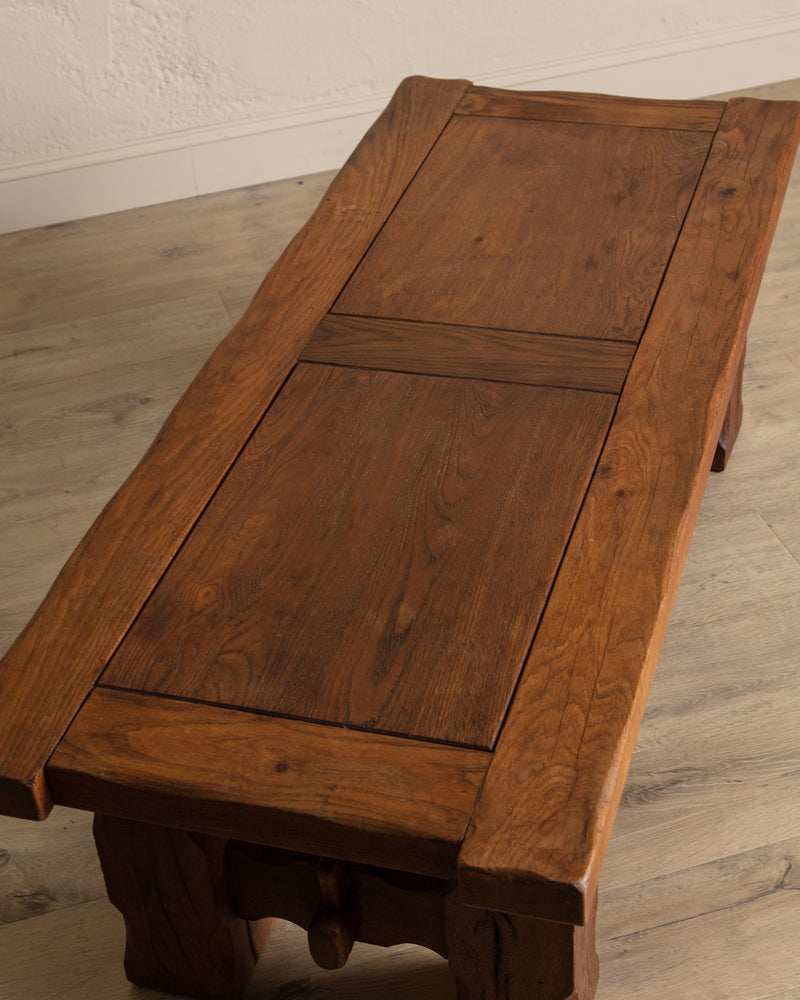 Brutalist Notched Oak Coffee Table w/ Stretcher, Belgium, 1960's