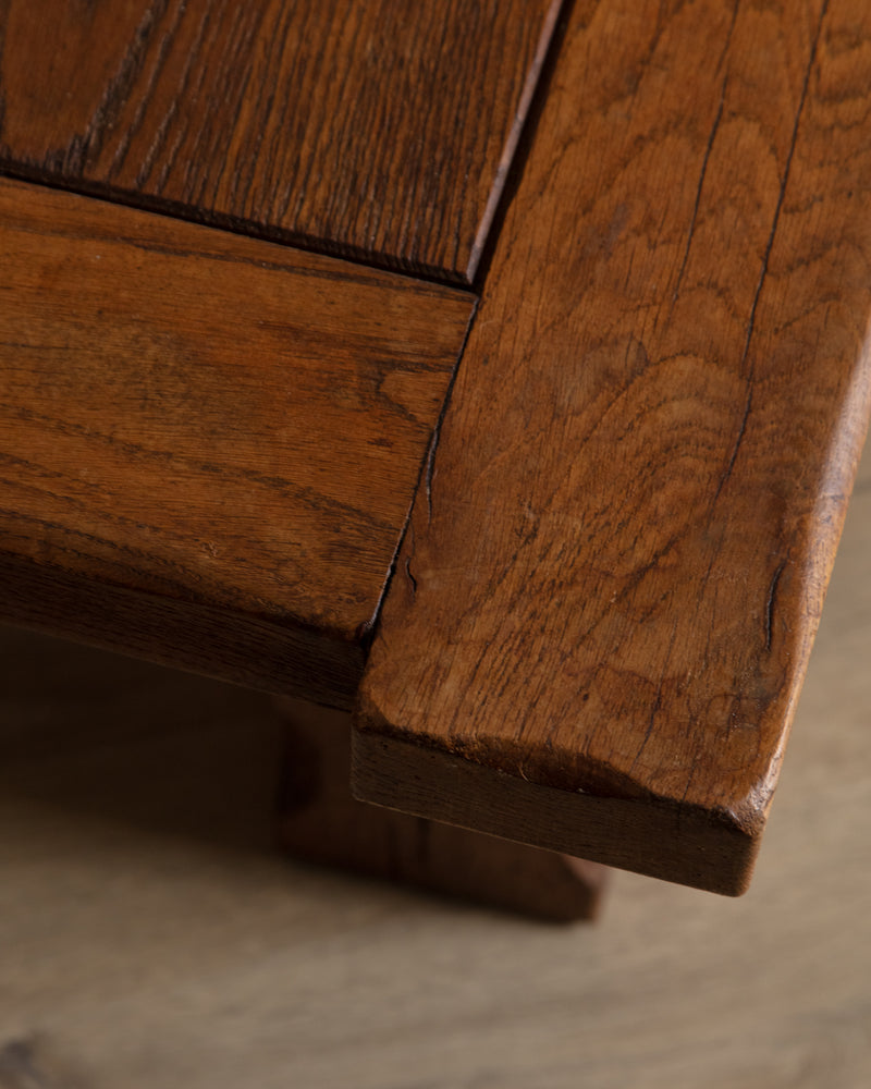 Brutalist Notched Oak Coffee Table w/ Stretcher, Belgium, 1960's