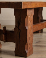 Brutalist Notched Oak Coffee Table w/ Stretcher, Belgium, 1960's