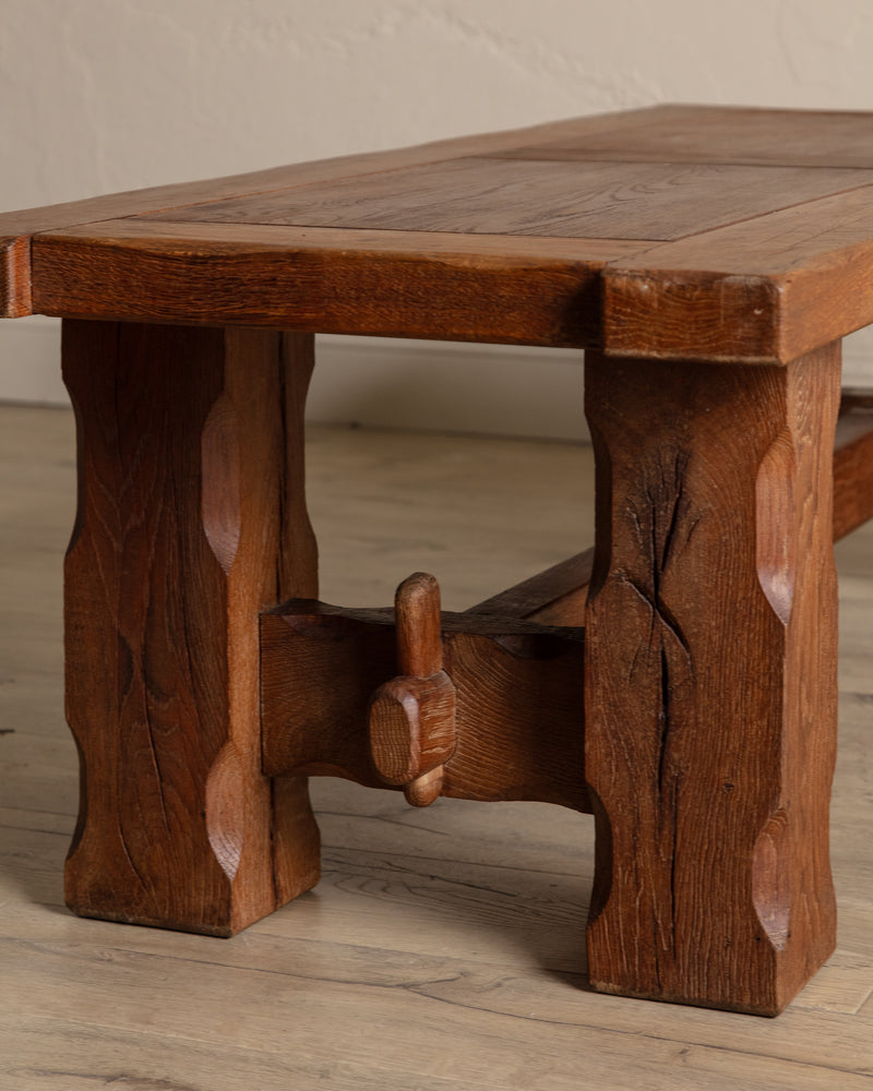 Brutalist Notched Oak Coffee Table w/ Stretcher, Belgium, 1960's