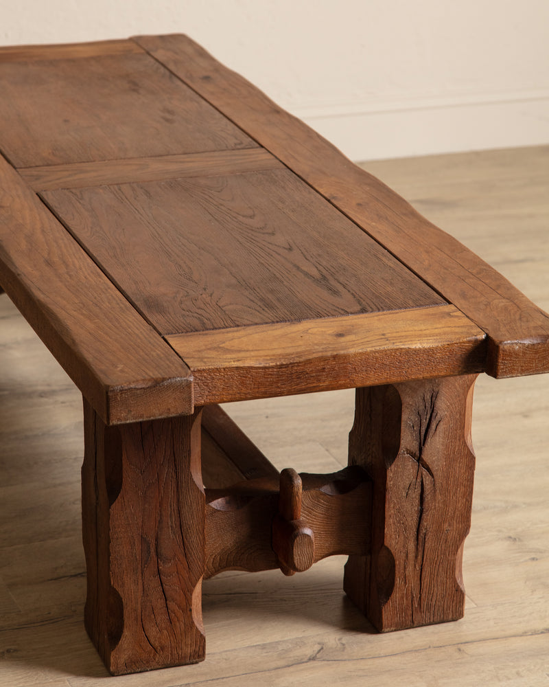 Brutalist Notched Oak Coffee Table w/ Stretcher, Belgium, 1960's