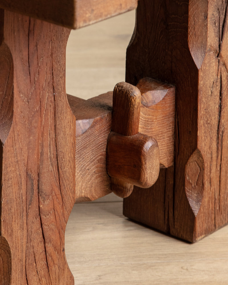 Brutalist Notched Oak Coffee Table w/ Stretcher, Belgium, 1960's
