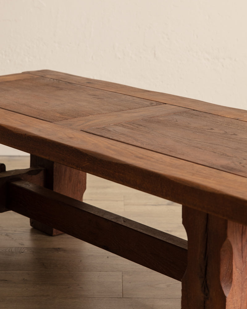 Brutalist Notched Oak Coffee Table w/ Stretcher, Belgium, 1960's