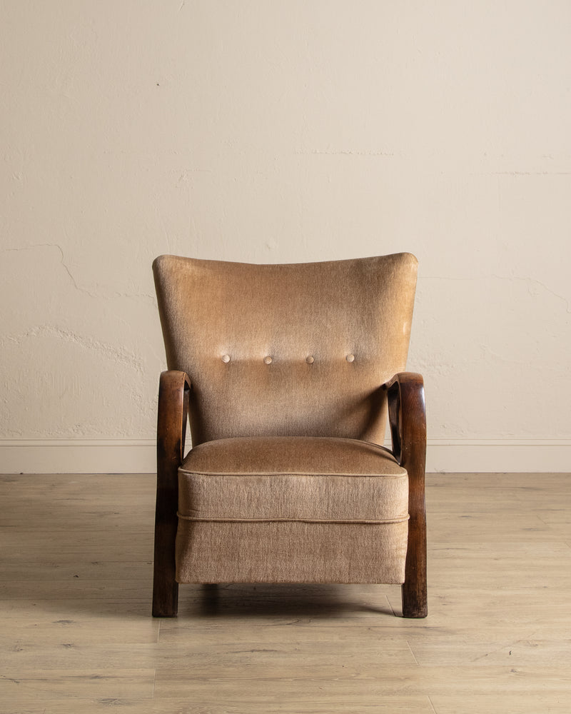 Art Deco Carved Wood & Mohair Lounge Chair, Denmark, 1940's