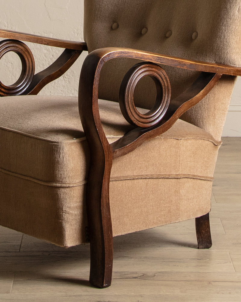 Art Deco Carved Wood & Mohair Lounge Chair, Denmark, 1940's