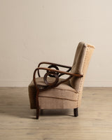 Art Deco Carved Wood & Mohair Lounge Chair, Denmark, 1940's