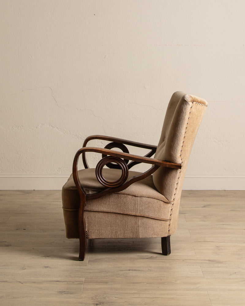 Art Deco Carved Wood & Mohair Lounge Chair, Denmark, 1940's
