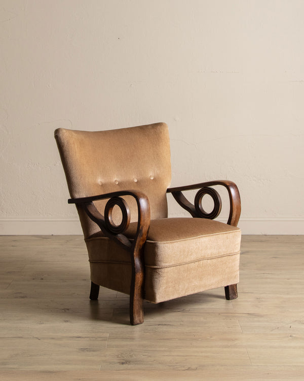 Art Deco Carved Wood & Mohair Lounge Chair, Denmark, 1940's