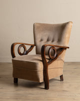 Art Deco Carved Wood & Mohair Lounge Chair, Denmark, 1940's