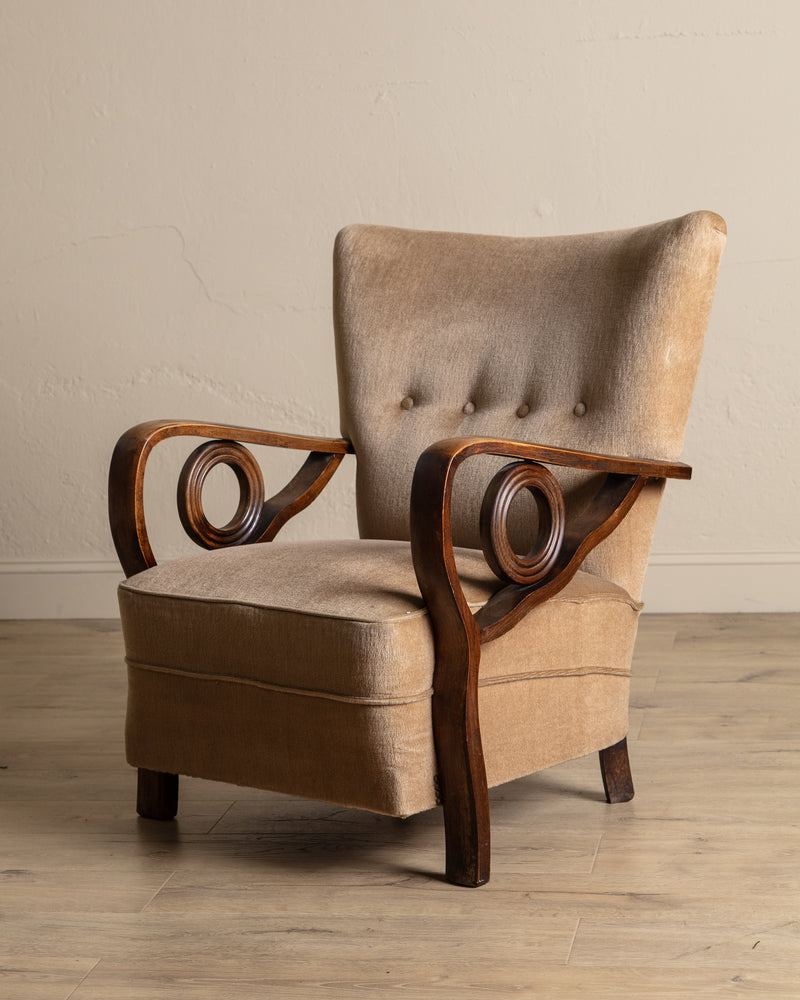 Art Deco Carved Wood & Mohair Lounge Chair, Denmark, 1940's