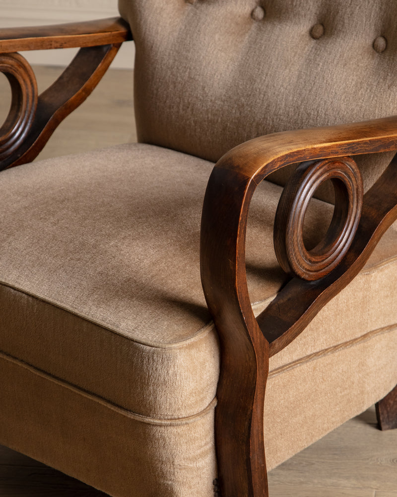 Art Deco Carved Wood & Mohair Lounge Chair, Denmark, 1940's