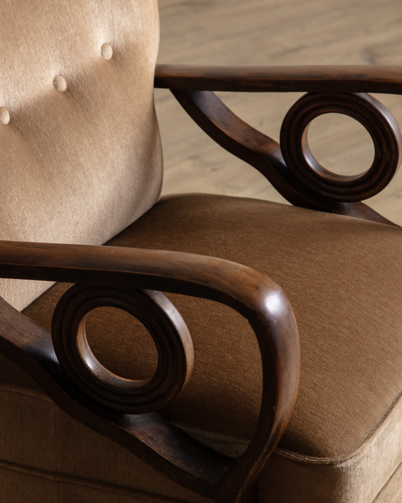 Art Deco Carved Wood & Mohair Lounge Chair, Denmark, 1940's