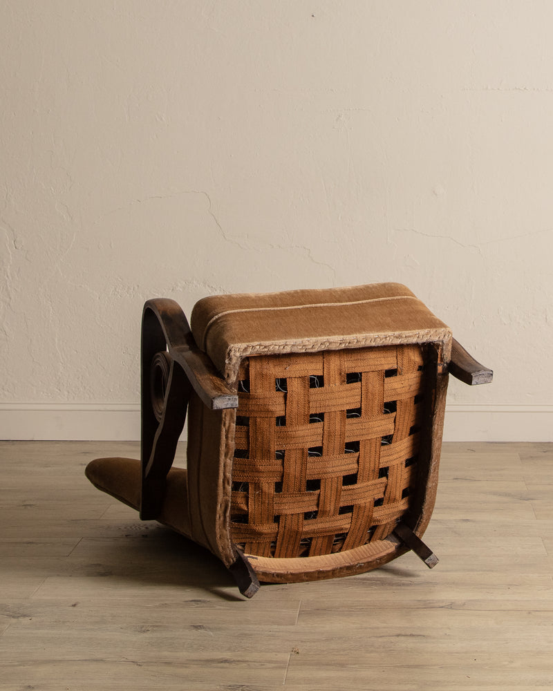Art Deco Carved Wood & Mohair Lounge Chair, Denmark, 1940's