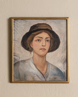 Portrait of Woman in Hat Oil Painting, France, 1950's