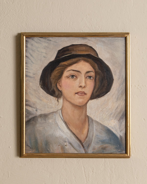 Portrait of Woman in Hat Oil Painting, France, 1950's
