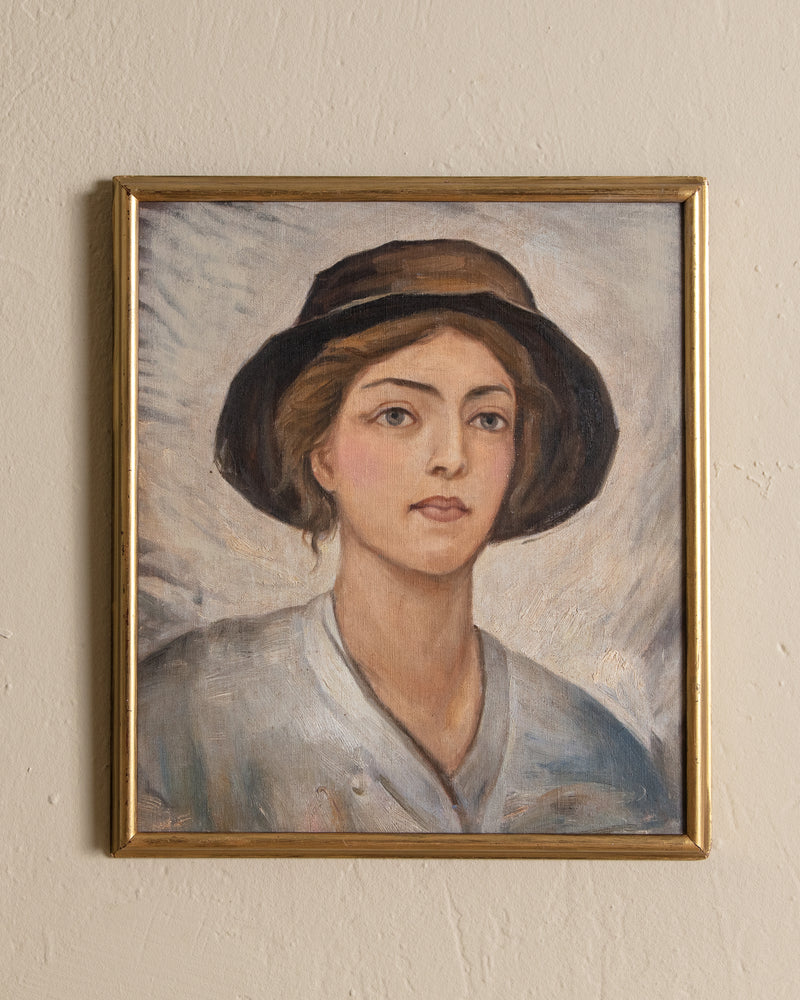 Portrait of Woman in Hat Oil Painting, France, 1950's