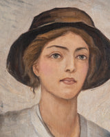 Portrait of Woman in Hat Oil Painting, France, 1950's
