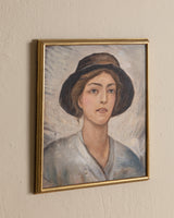 Portrait of Woman in Hat Oil Painting, France, 1950's