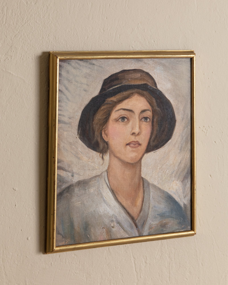 Portrait of Woman in Hat Oil Painting, France, 1950's