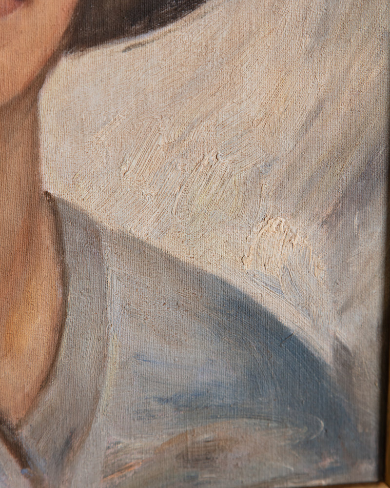 Portrait of Woman in Hat Oil Painting, France, 1950's