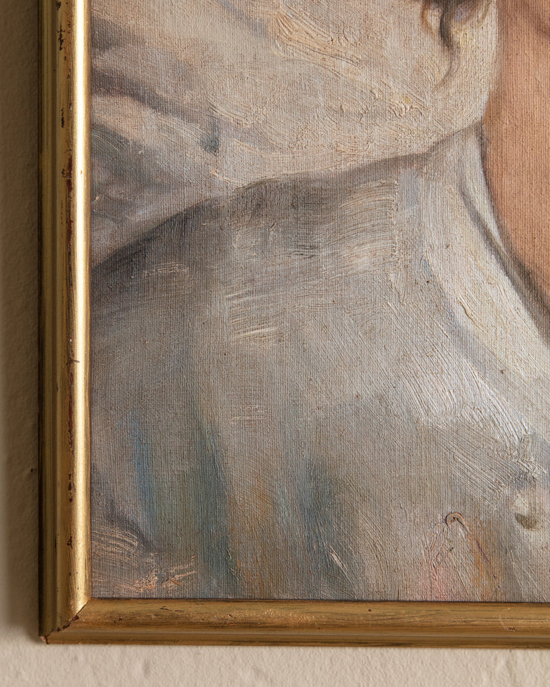 Portrait of Woman in Hat Oil Painting, France, 1950's