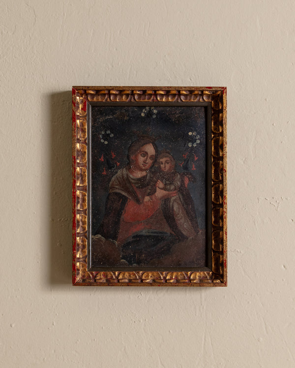 19th Century Retablo Madonna & Child Painting on Tin, Mexico