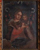 19th Century Retablo Madonna & Child Painting on Tin, Mexico