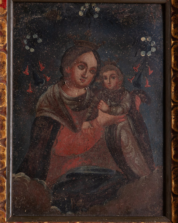 19th Century Retablo Madonna & Child Painting on Tin, Mexico