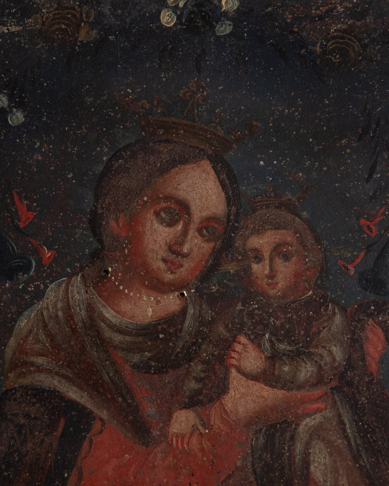 19th Century Retablo Madonna & Child Painting on Tin, Mexico