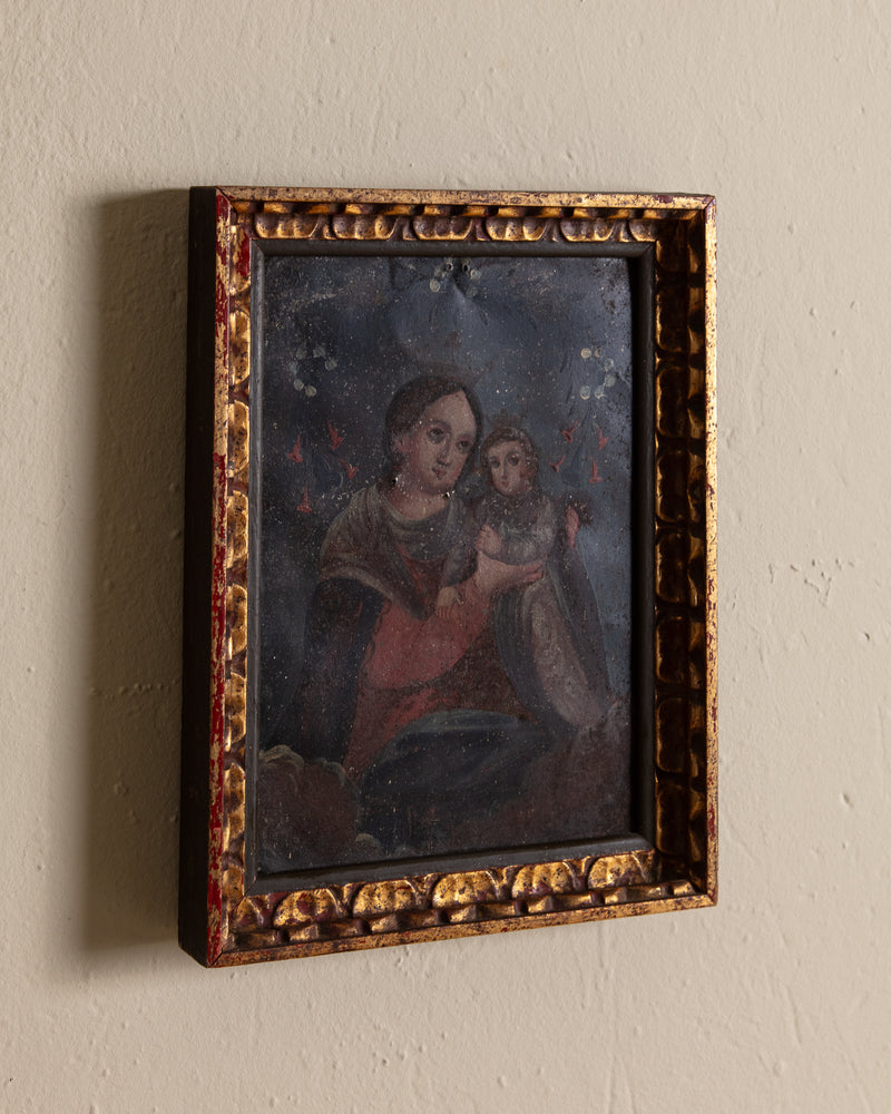 19th Century Retablo Madonna & Child Painting on Tin, Mexico