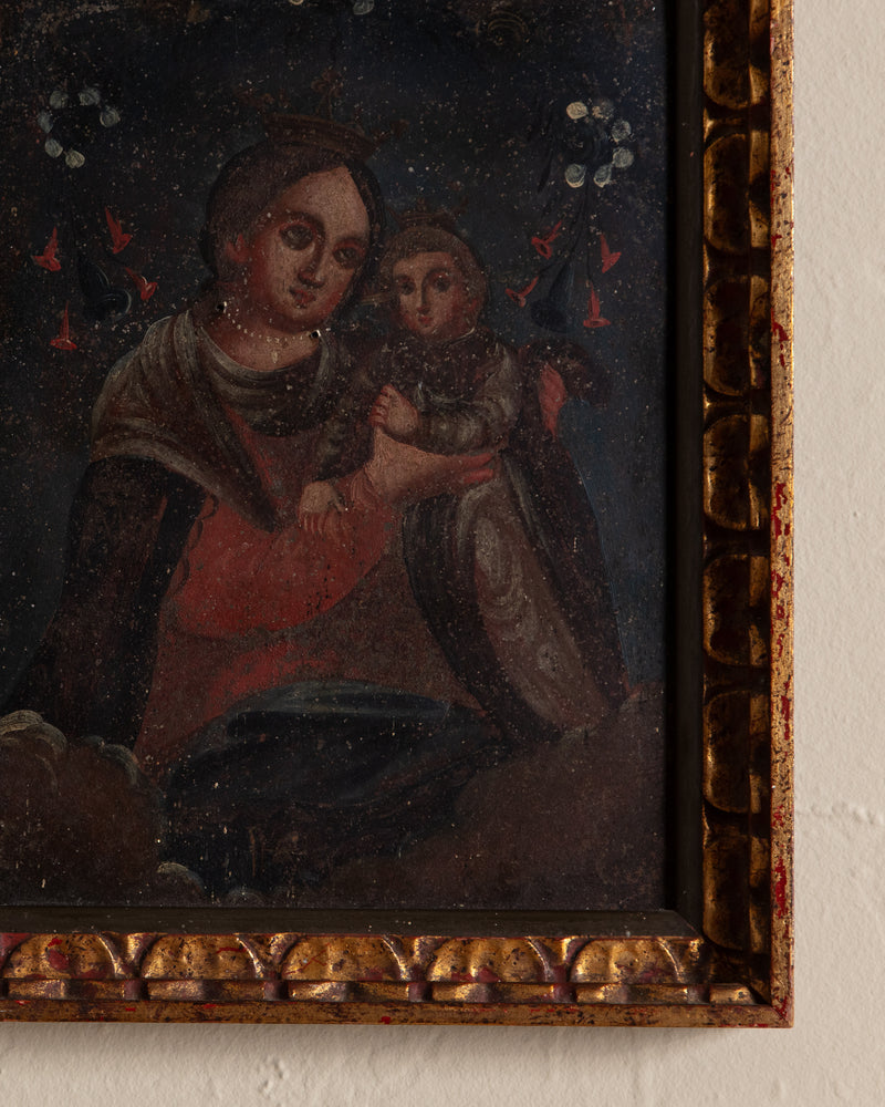 19th Century Retablo Madonna & Child Painting on Tin, Mexico